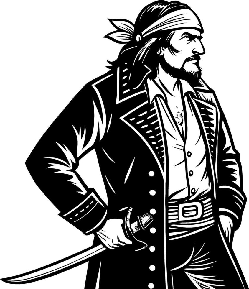 Bold Pirate Character Illustration with Sword and Bandana for Tattoo and Creative Design vector