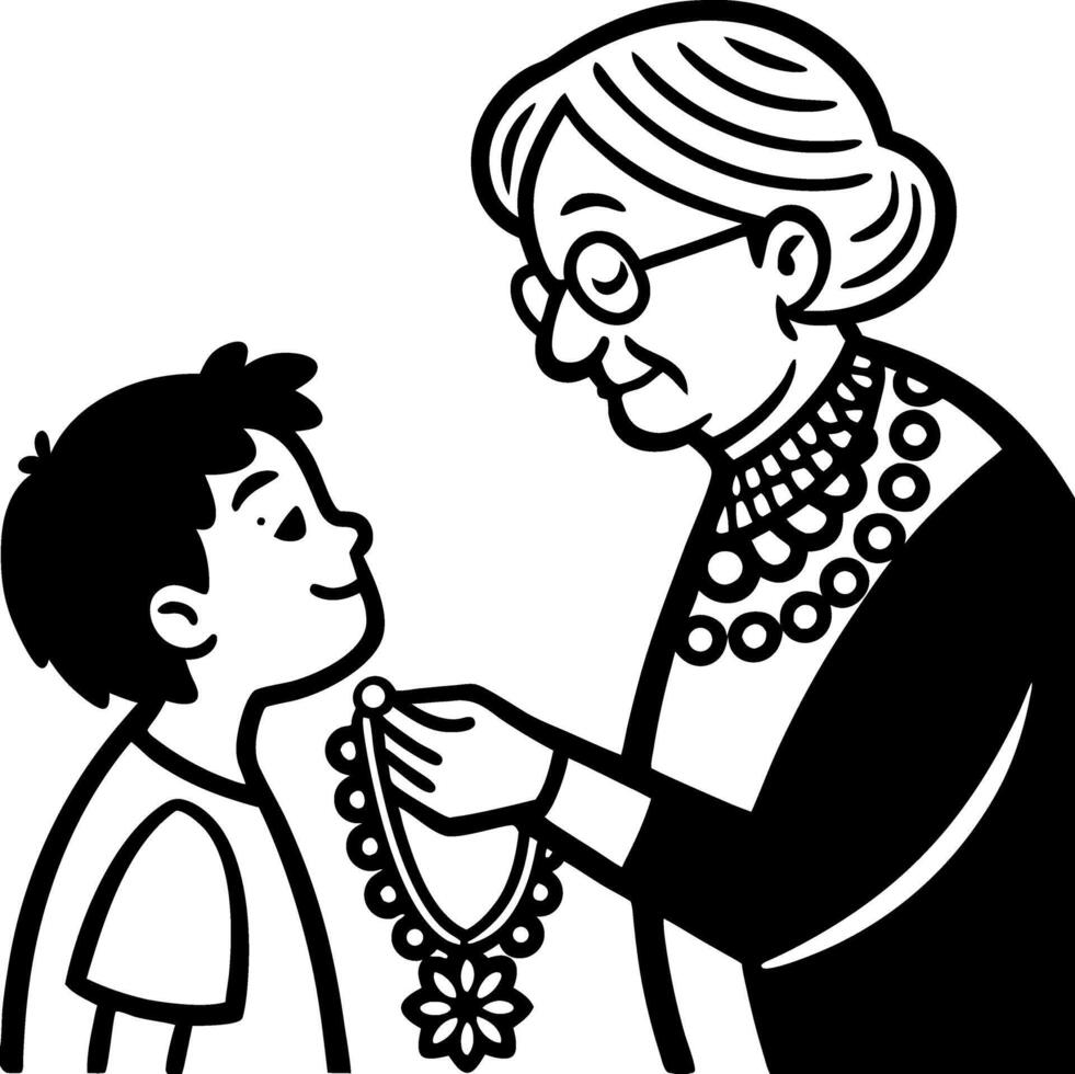 Grandmother Gift Giving Traditional Necklace to Boy Heartwarming Family Bonding vector