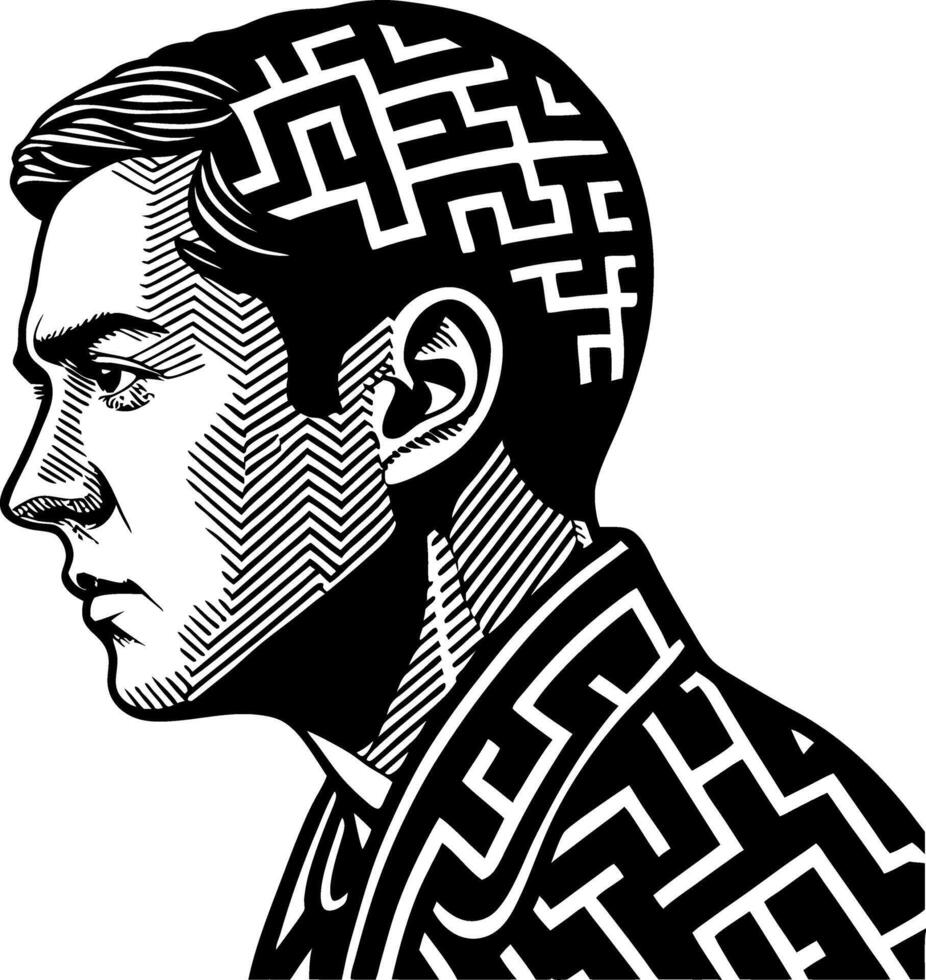 Intricate Maze Design in Human Profile Illustrating Complexity of Thought and Mind vector