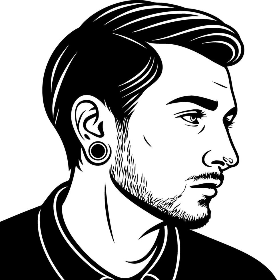 Stylish Profile Portrait of Young Man with Ear Gauge and Modern Haircut for Tattoo Art and Illustration vector