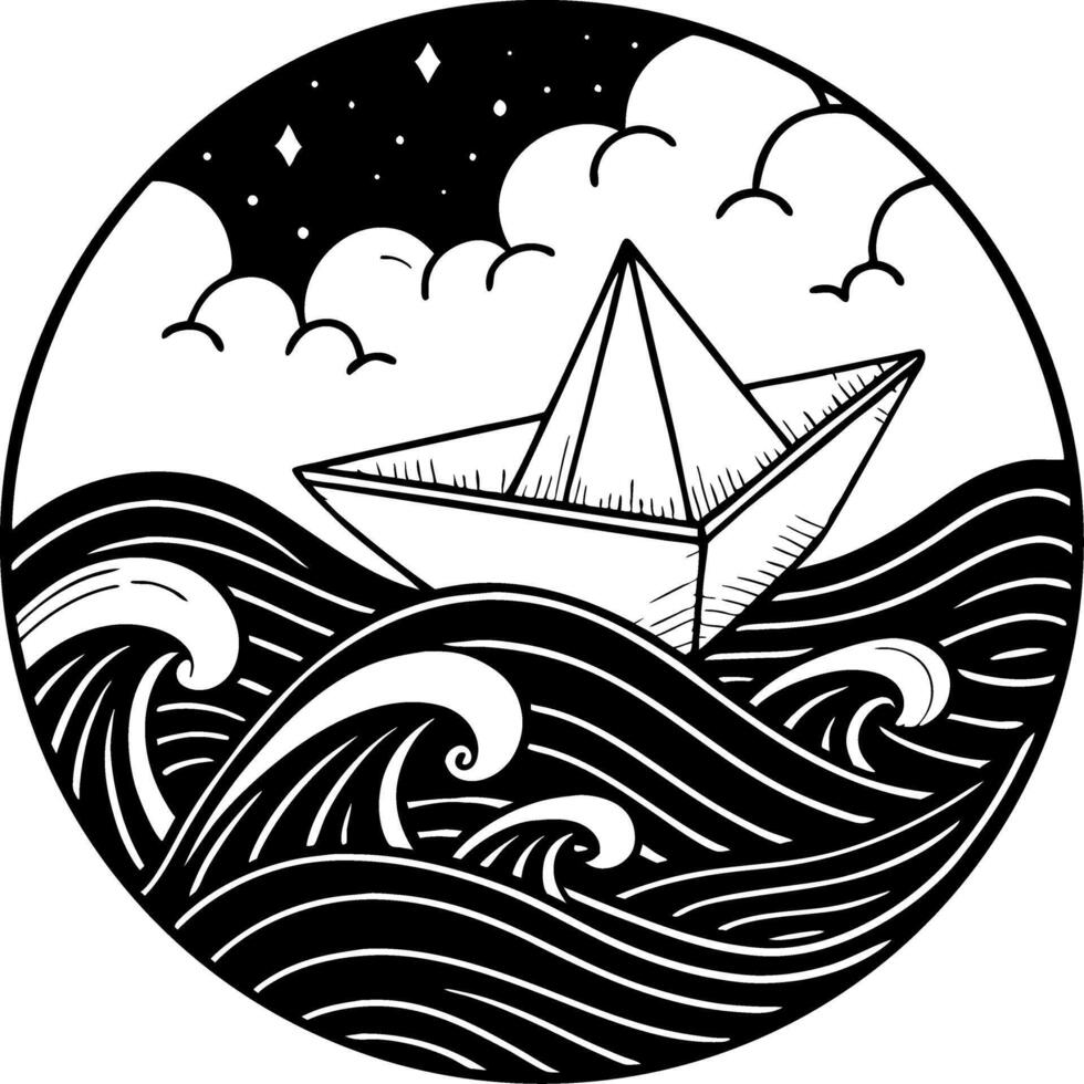 Illustrative Paper Boat Sailing Through Dynamic Waves Under a Starry Sky for Creative Projects vector