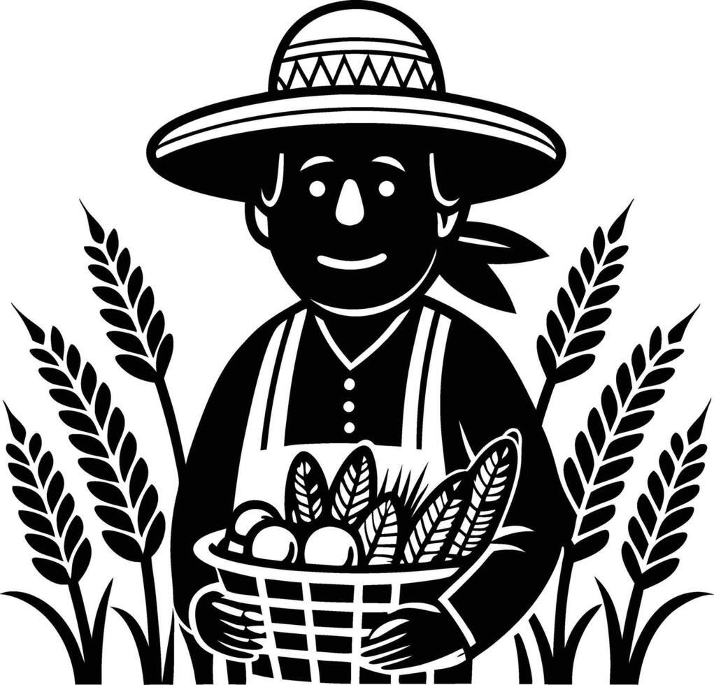 Cheerful Farmer Holding Basket of Fresh Crops Surrounded by Wheat Field for Agriculture Themes vector