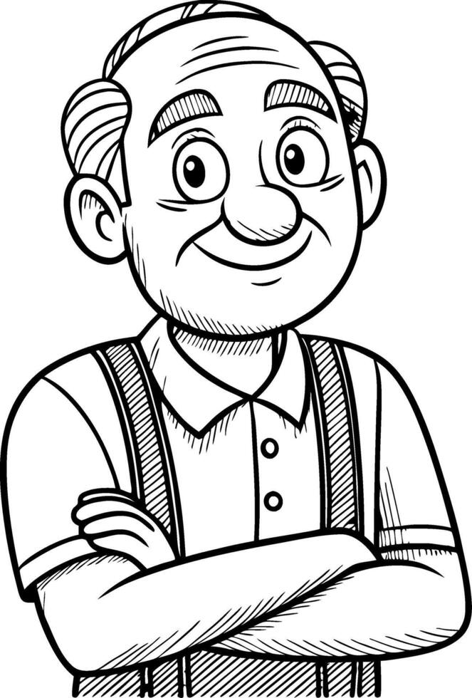 Cheerful Elderly Man Character in Suspenders Smiling with Arms Crossed Cartoon Style vector