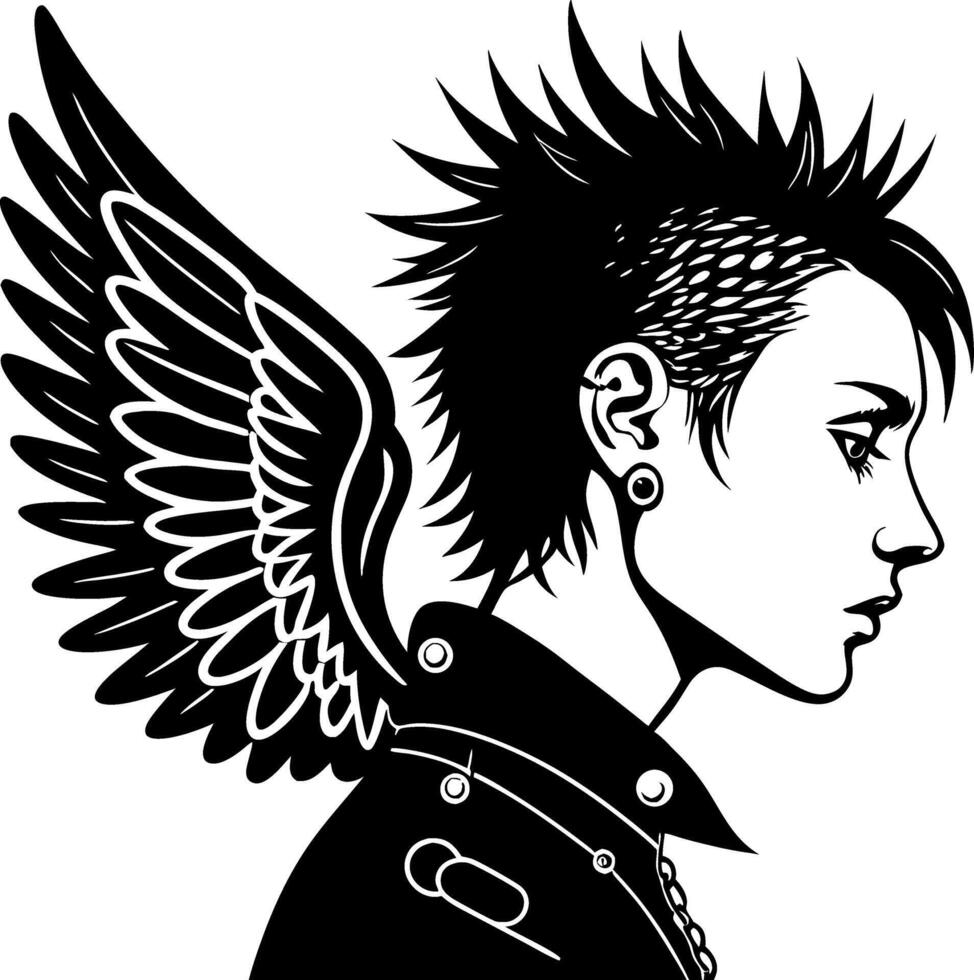 Edgy Punk Angel Portrait with Spiked Hair and Wings for Tattoo and Graphic Design vector