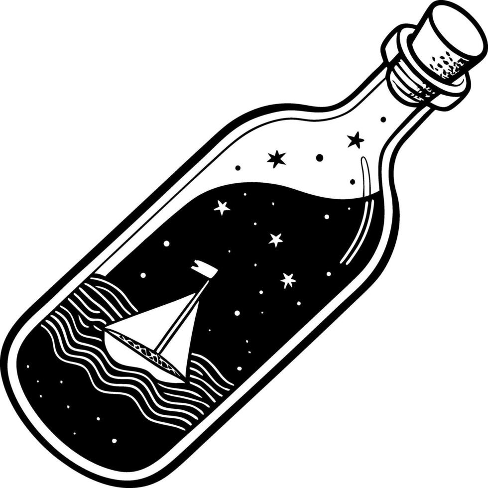 Sailing Ship in a Bottle with Night Sky Stars and Waves Artistic Design for Tattoos and Crafts vector