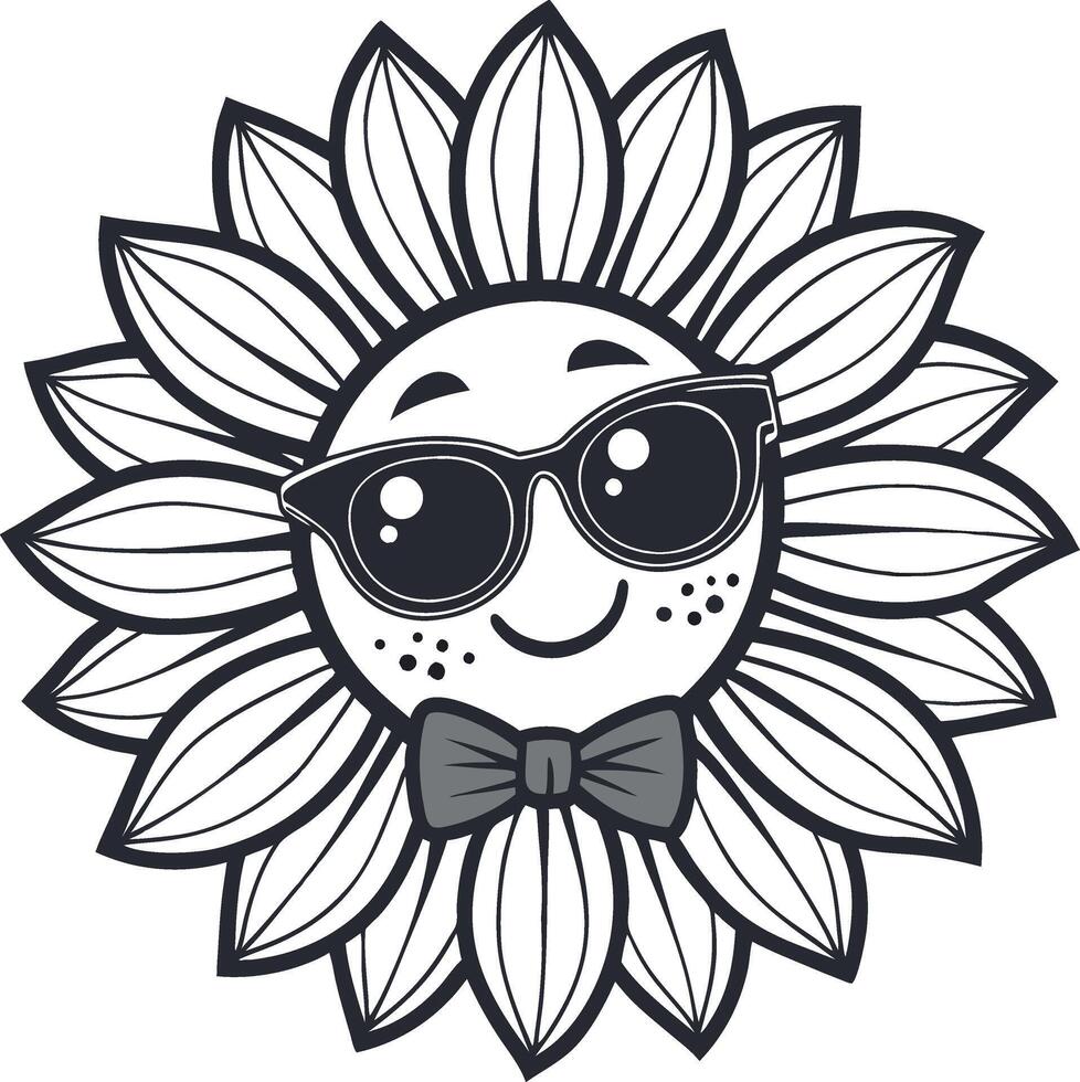 Happy Sunflower Wearing Sunglasses and Bow Tie Cute Cartoon Character Design vector