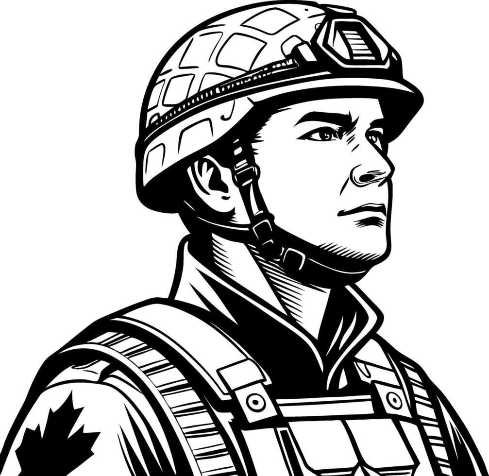 Military Soldier Portrait in Helmet Design for Tattoo and Graphic Art Use vector