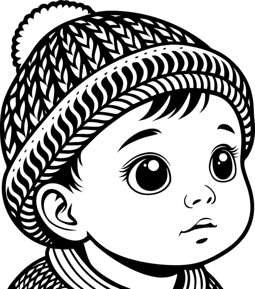 Adorable Baby in Knit Hat Cute Expression for Coloring Books and Tattoo Designs vector