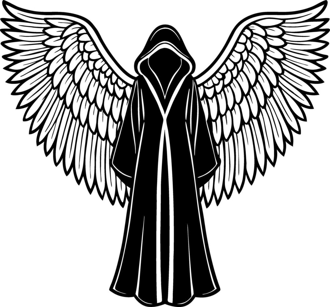 Mystical Grim Reaper with Majestic Wings in Black Cloak Design for Tattoos and Fantasy Art vector