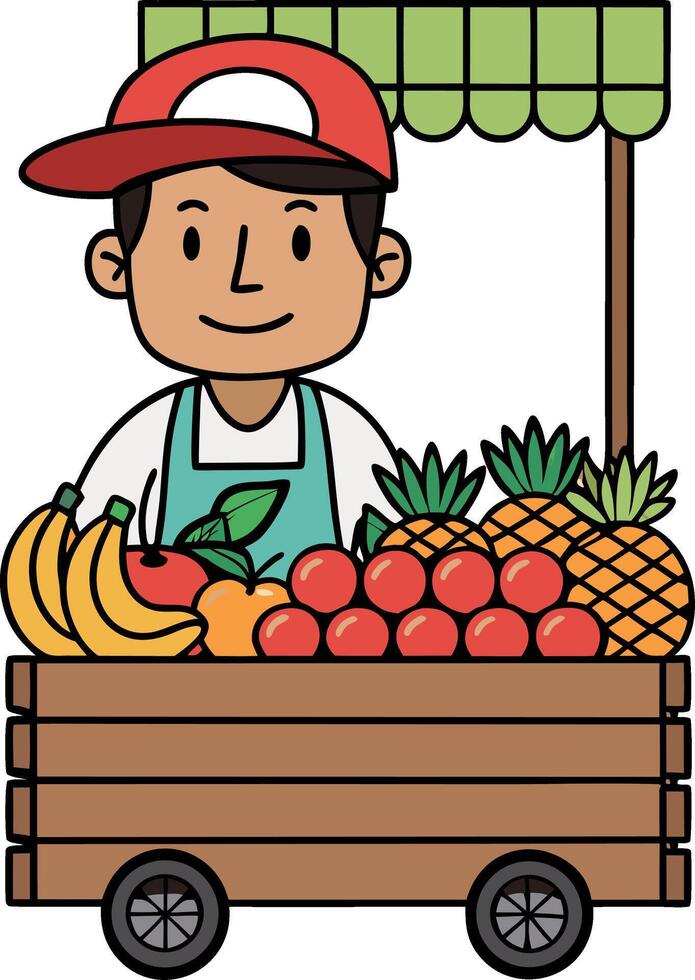 Cheerful Fruit Vendor Selling Fresh Produce at Market Stand with Colorful Fruits and Vegetables vector