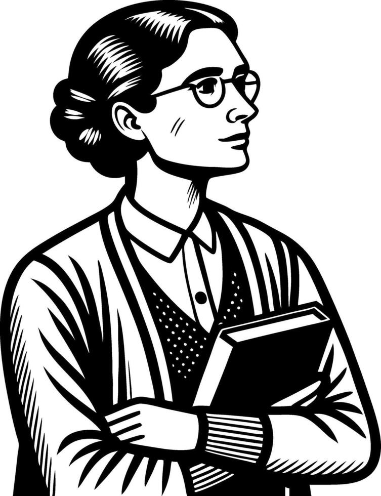 Intellectual Woman Holding Book in Cardigan Portrait Suitable for Educational Themes vector