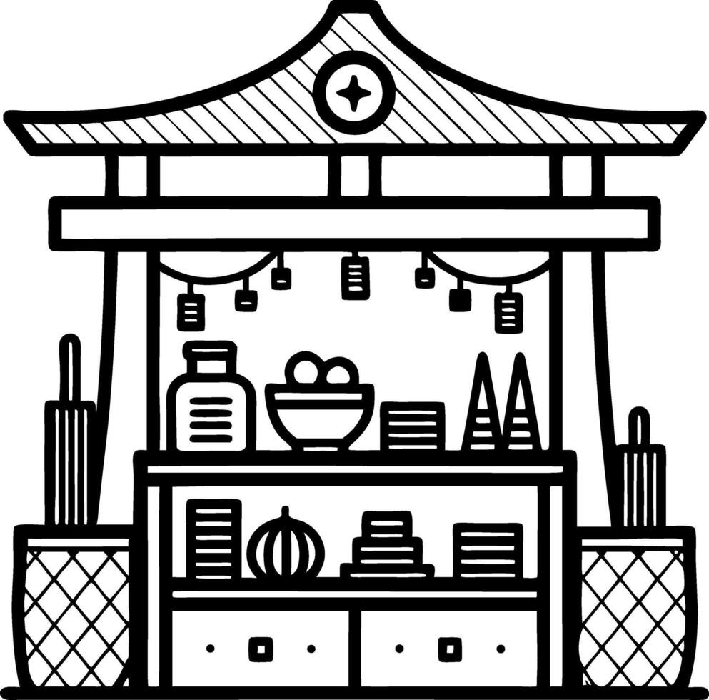 Traditional Asian Market Stall with Decorative Elements and Food Items for Creative Use vector