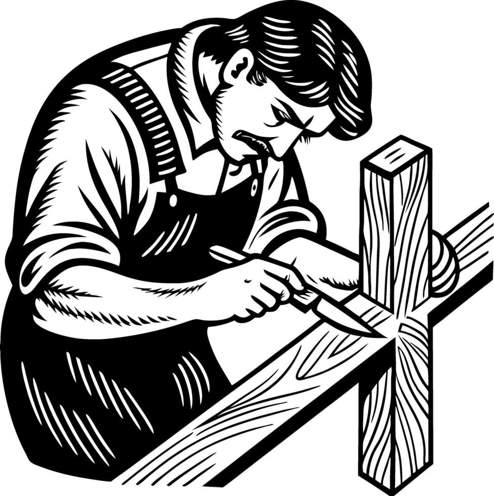 Focused Woodworker Carving Detailed Wooden Cross with Craftsmanship Tools for Tattoo or Art vector
