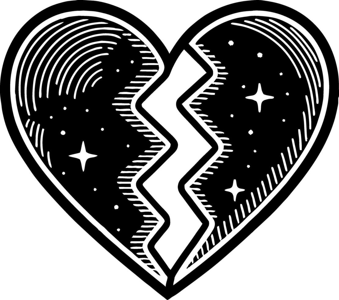 Broken Heart Illustration with Stars and Waves for Tattoo Designs and Creative Projects vector