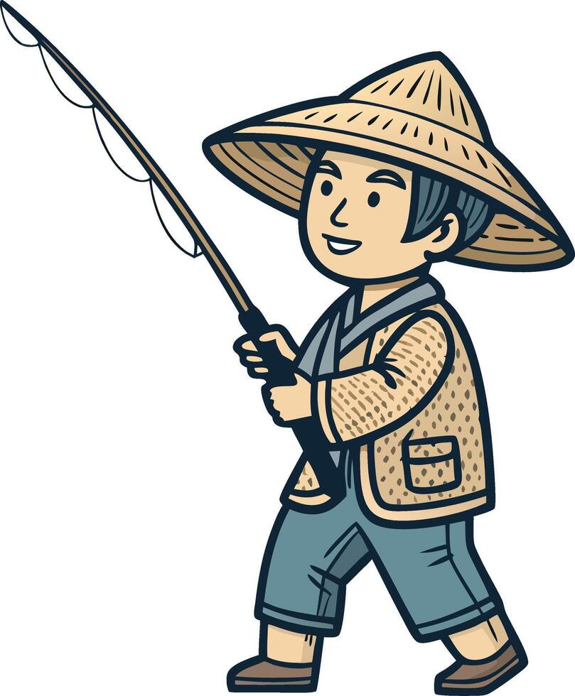 Cheerful Boy Fishing with Rod in Traditional Outfit and Straw Hat vector