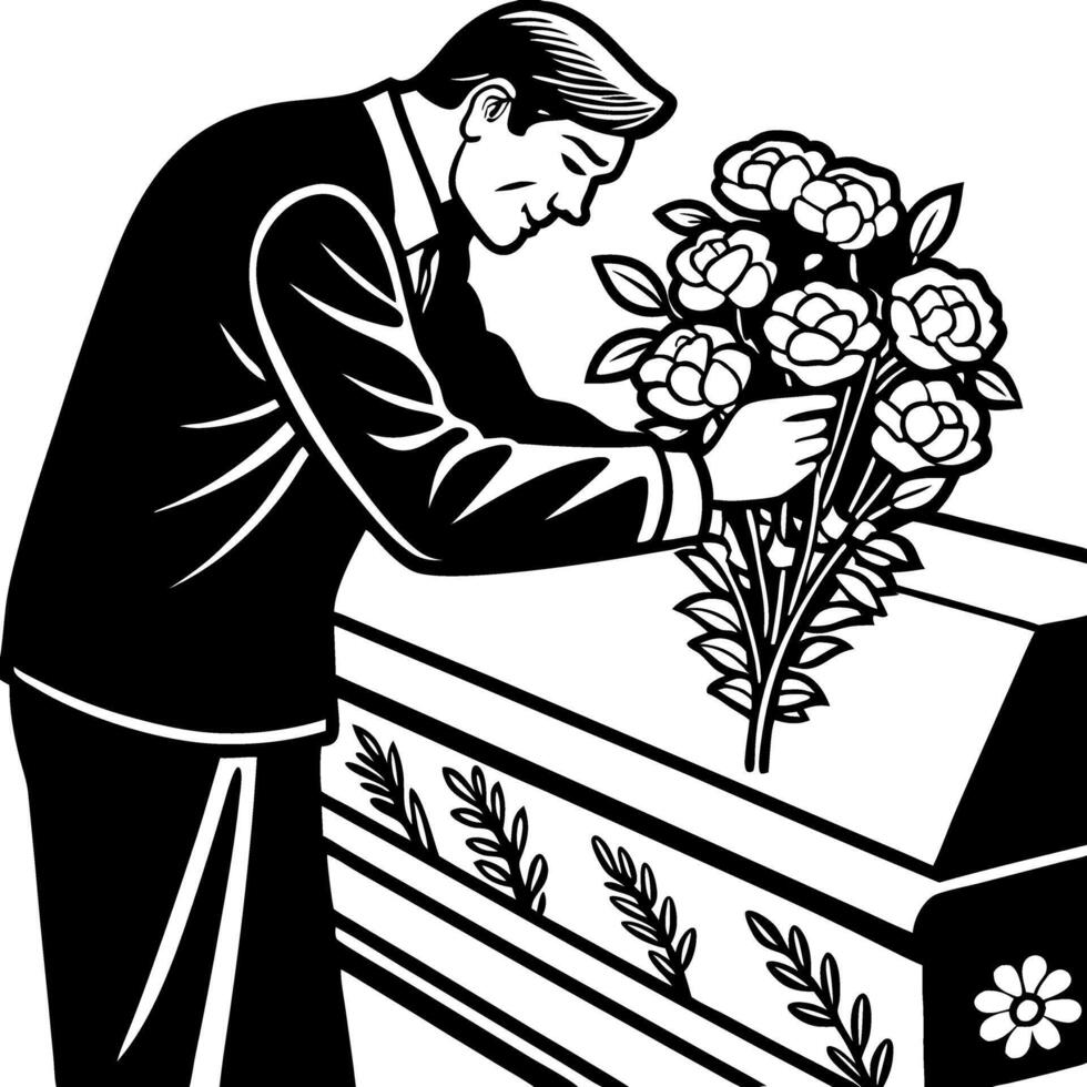 Man Placing Flowers on Casket Expressing Grief and Remembrance for Loved Ones vector
