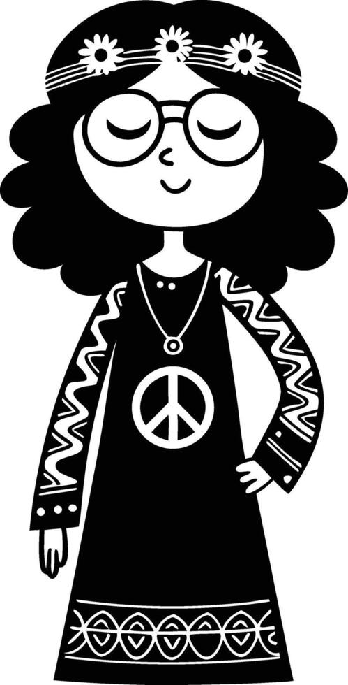 Peaceful Hippie Girl Character Wearing Flower Crown with Groovy Dress and Accessories vector