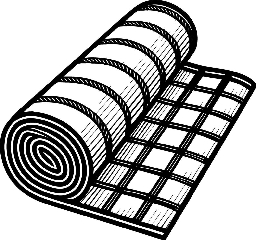 Rolling Yoga Mat in Detailed Black and White Outline for Fitness and Wellness Designs vector