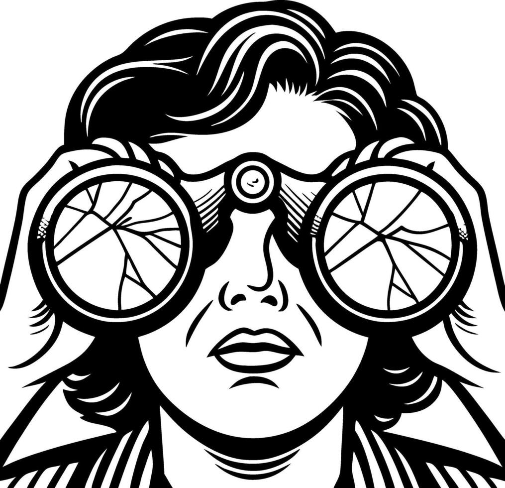 Vintage Woman Using Broken Binoculars for Observation and Exploration vector