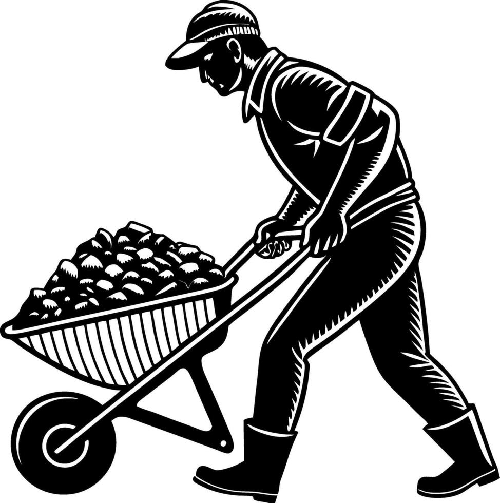 Laborer Pushing Wheelbarrow Full of Rocks for Construction and Gardening Projects vector