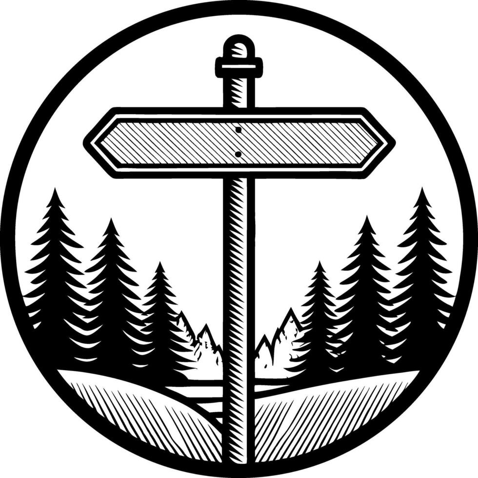 Vintage Signpost Surrounded by Pine Trees and Mountains for Outdoor Adventure Designs vector