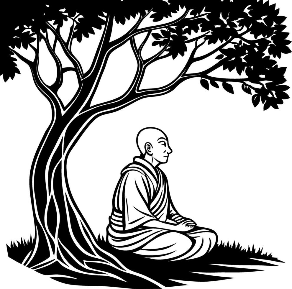 Meditating Monk Under Tree with Leaves Peaceful Spiritual Design for Relaxation vector