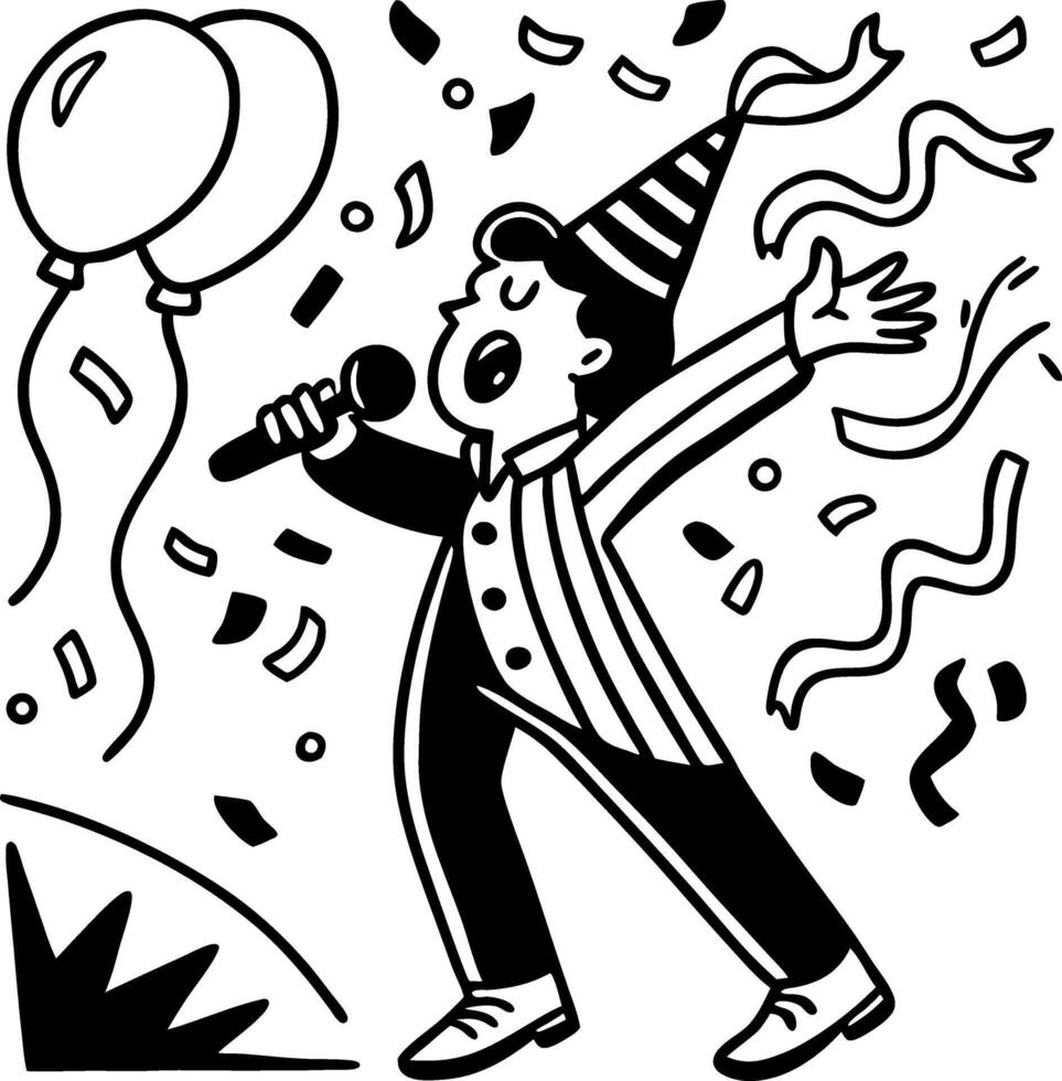 Celebratory Singing Boy with Balloons and Confetti Party Design for Fun Illustrations vector