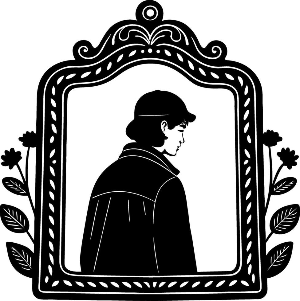 Silhouette of a Stylish Person in a Decorative Mirror Frame with Floral Elements vector