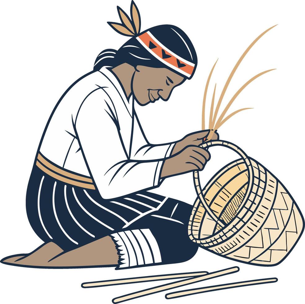 Indigenous Person Skillfully Weaving a Traditional Basket with Natural Materials vector