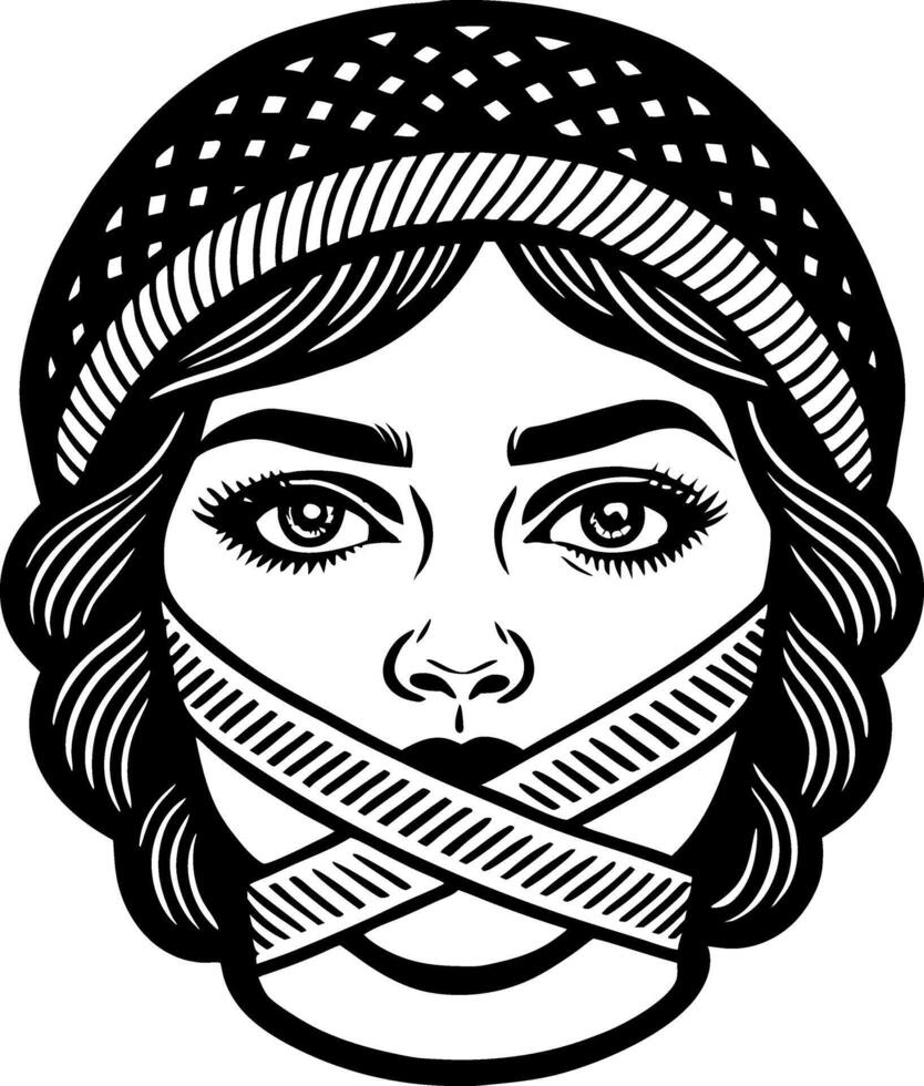 Stylized Illustration of Woman with Bound Mouth and Beanie for Graphic Design and Tattoos vector