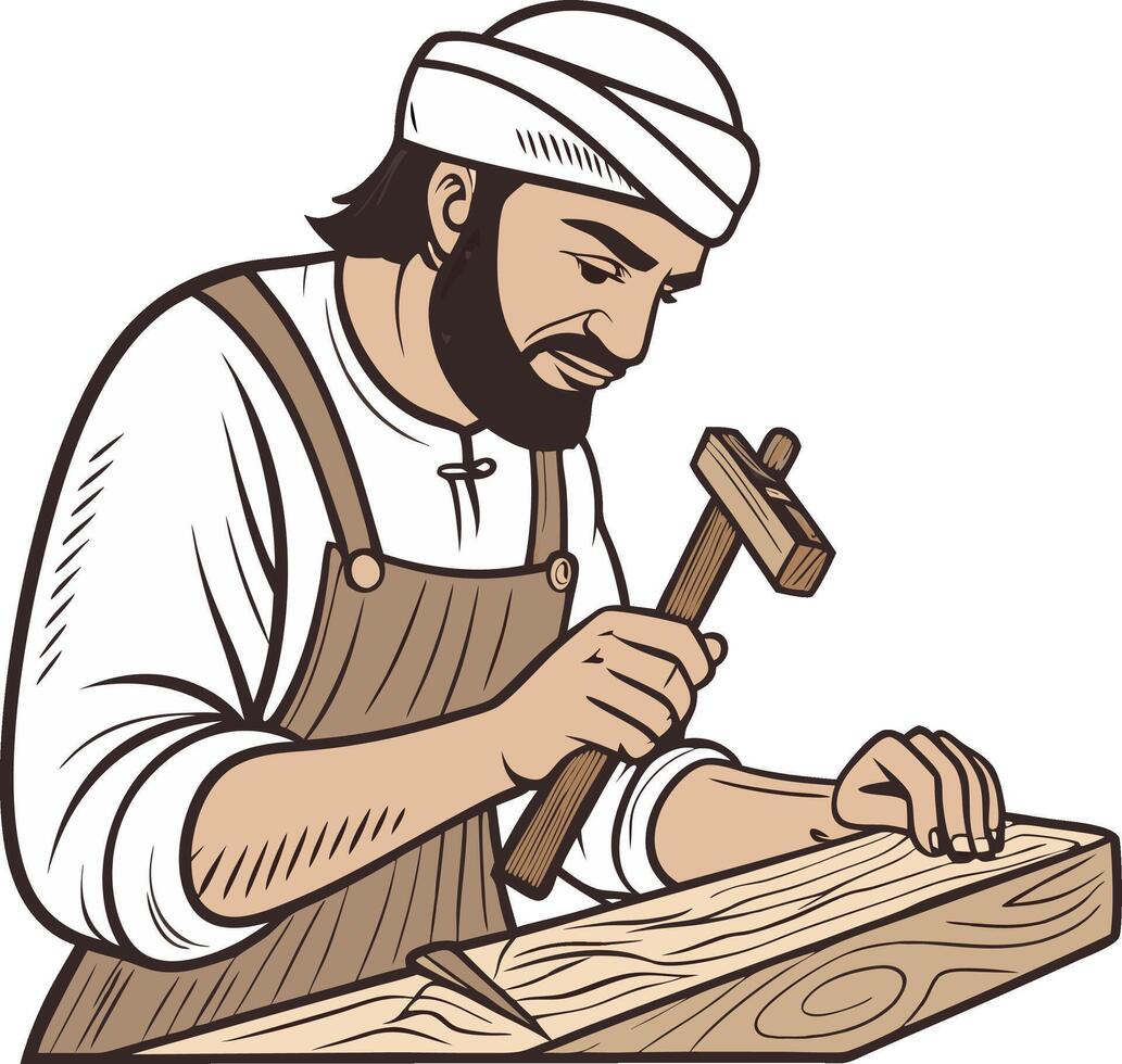 Skilled Craftsman Carving Wood with Hammer and Chisel in Traditional Workshop vector