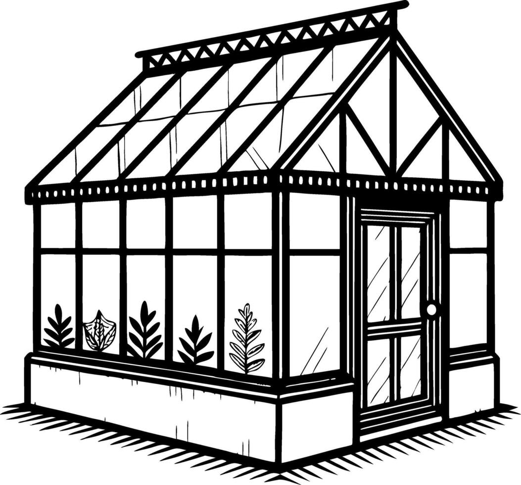 Detailed Greenhouse Illustration with Plants for Gardening Projects and Coloring Pages vector