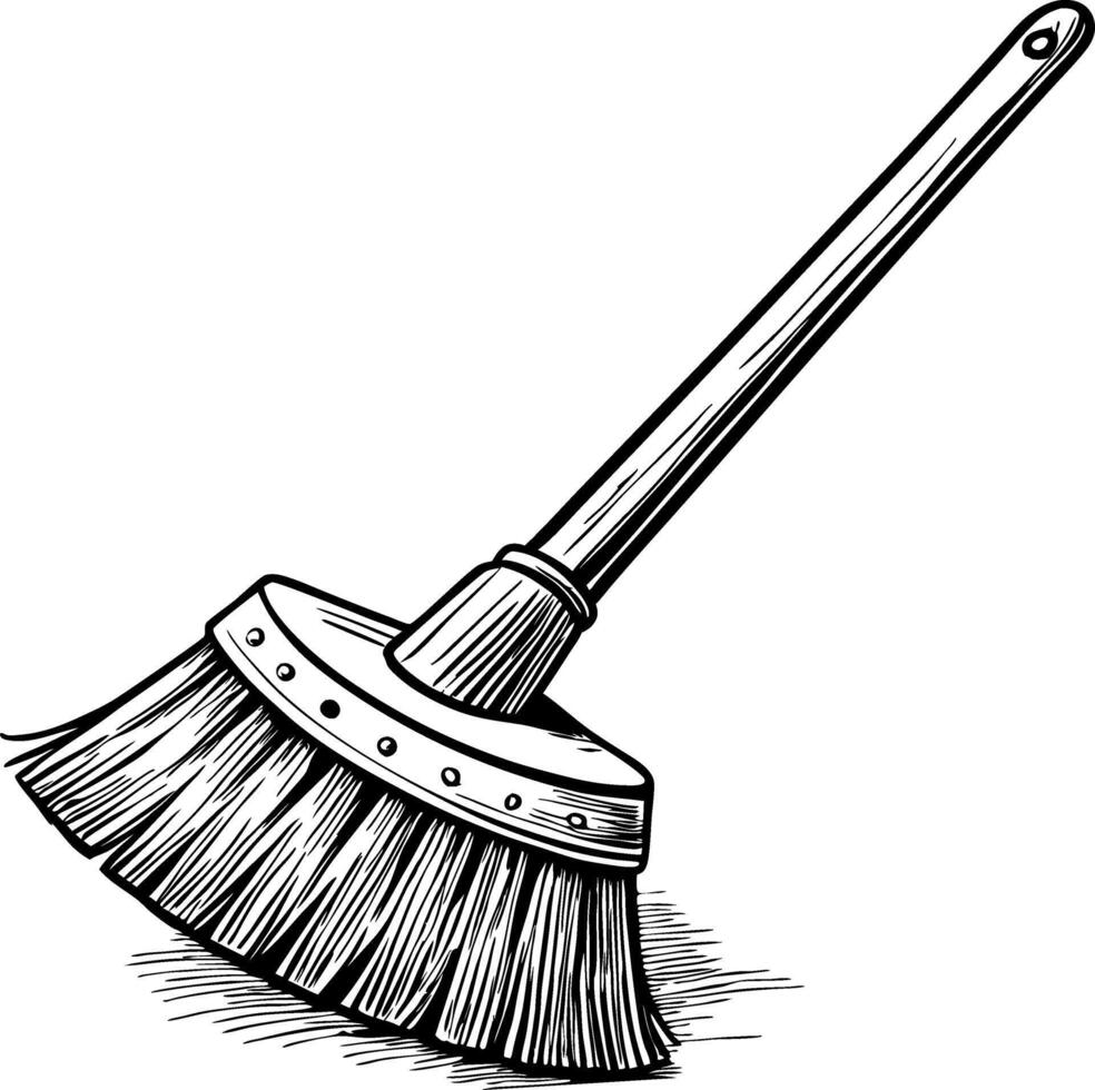 Detailed Black and White Illustration of a Classic Broom for Home Cleaning and Design Projects vector