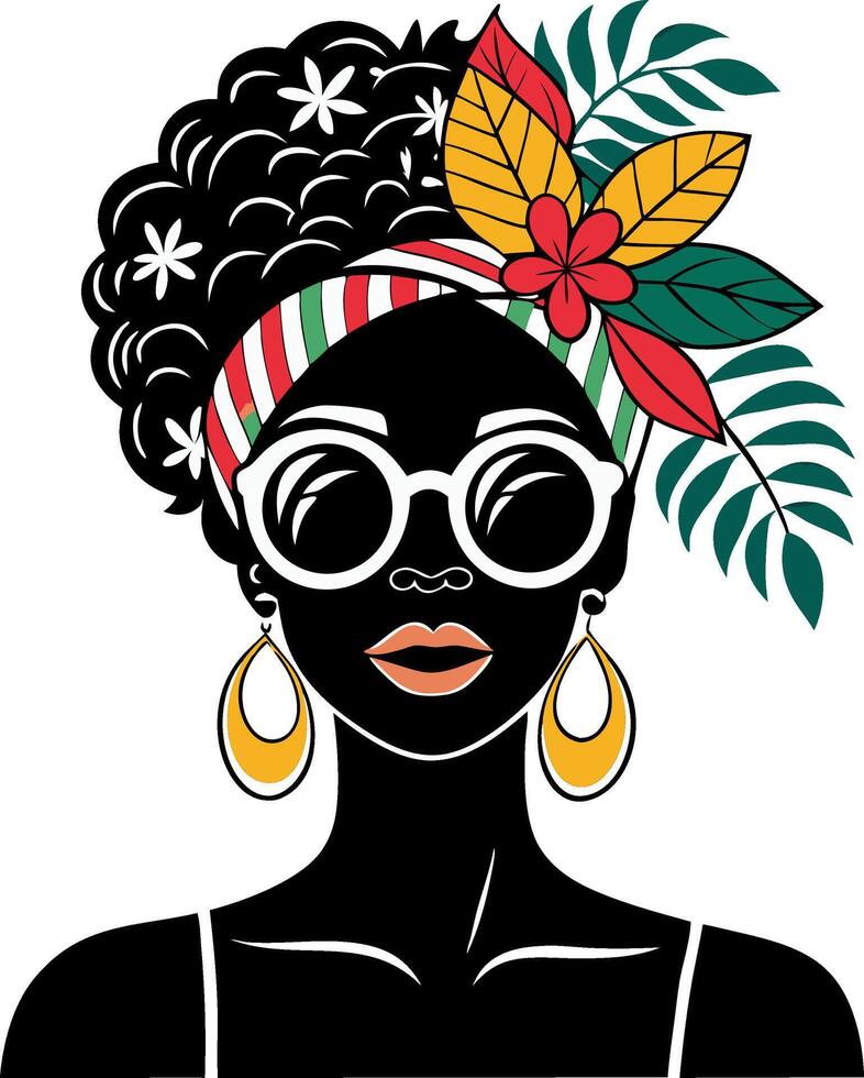 Stylish Black Woman with Sunglasses and Tropical Headband for Fashion and Lifestyle Design vector
