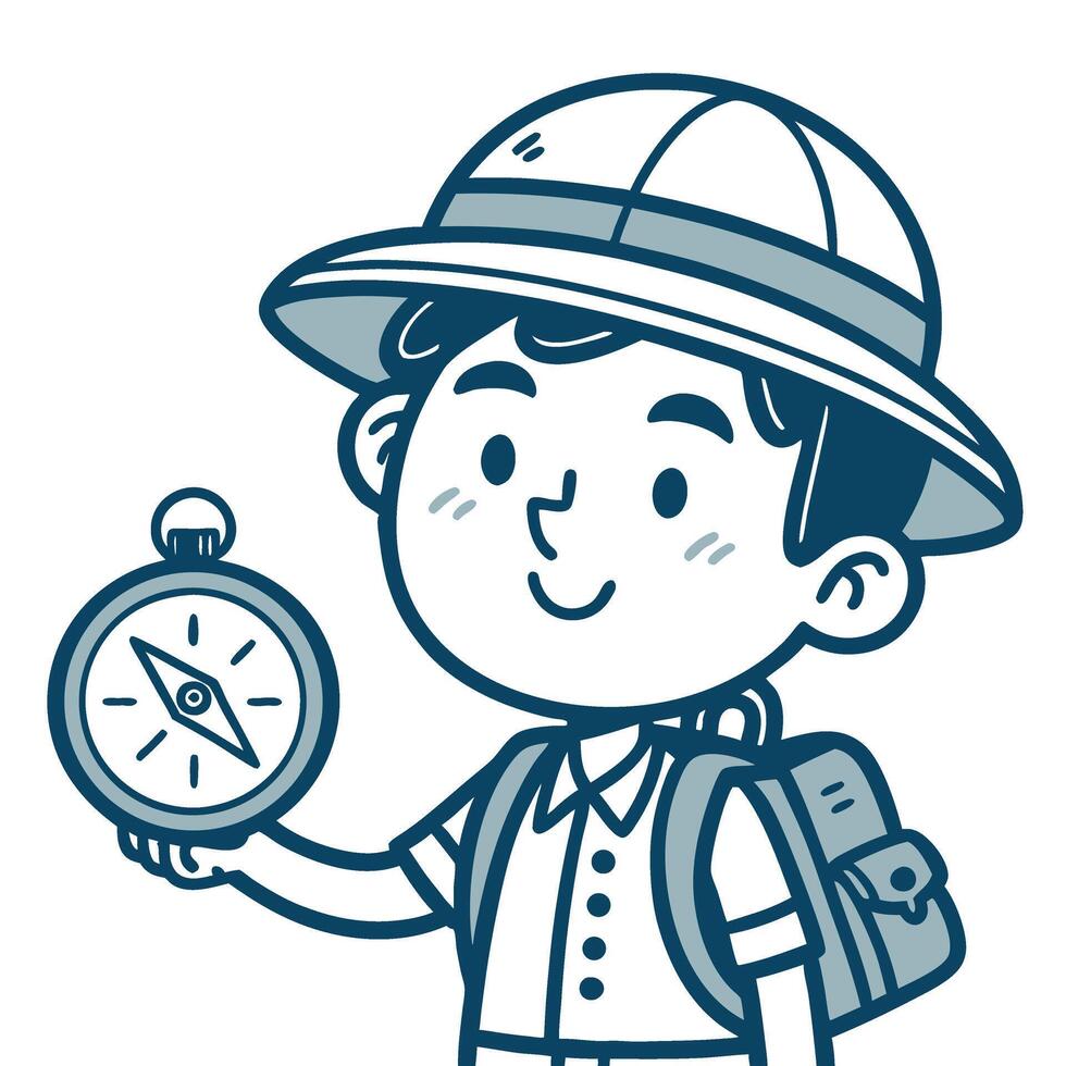 Adventurous Explorer Boy Holding Compass with Backpack for Kids Education and Adventure Themes vector