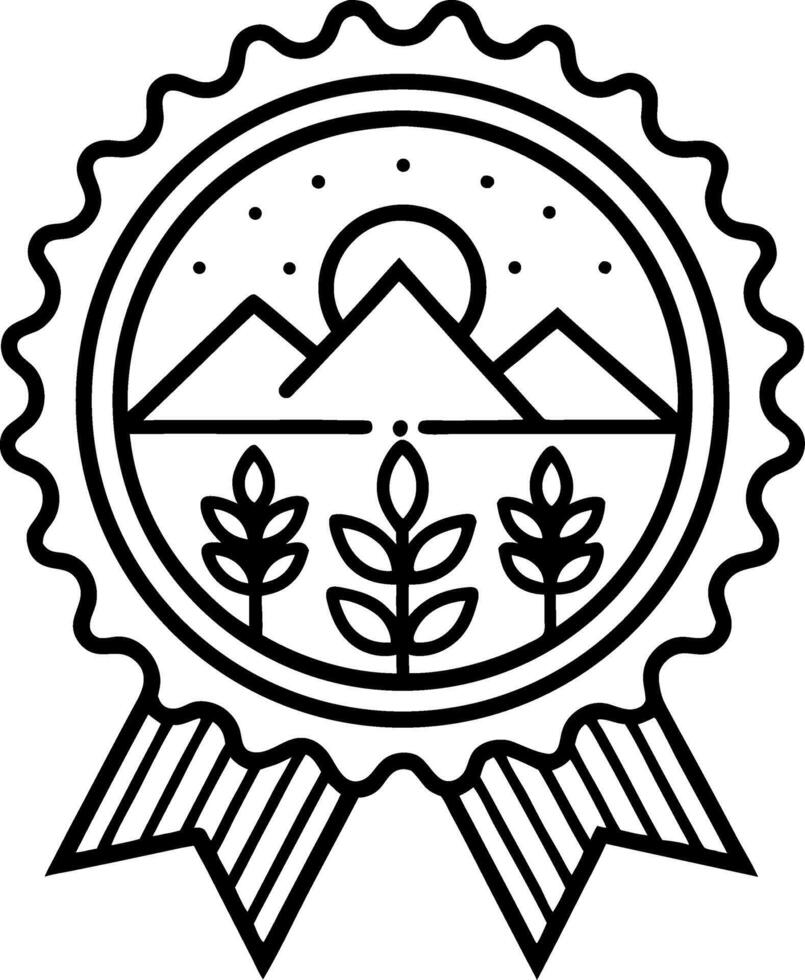 Mountain Landscape Badge Design Featuring Sun and Wheat for Branding and Tattoo Art vector