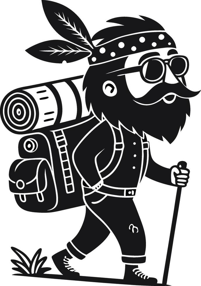 Adventure Ready Bearded Hiker with Backpack and Camping Gear in Retro Style Illustration vector
