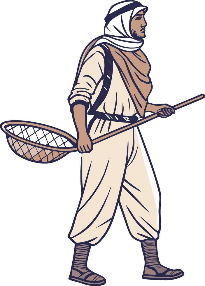 Traditional Fisherman with Net Walking in Cultural Attire for Illustrative Purposes vector