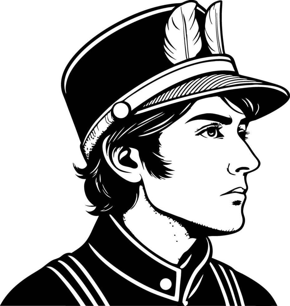 Vintage Military Officer Portrait Illustration with Detailed Feathers in Hat for Design Projects vector