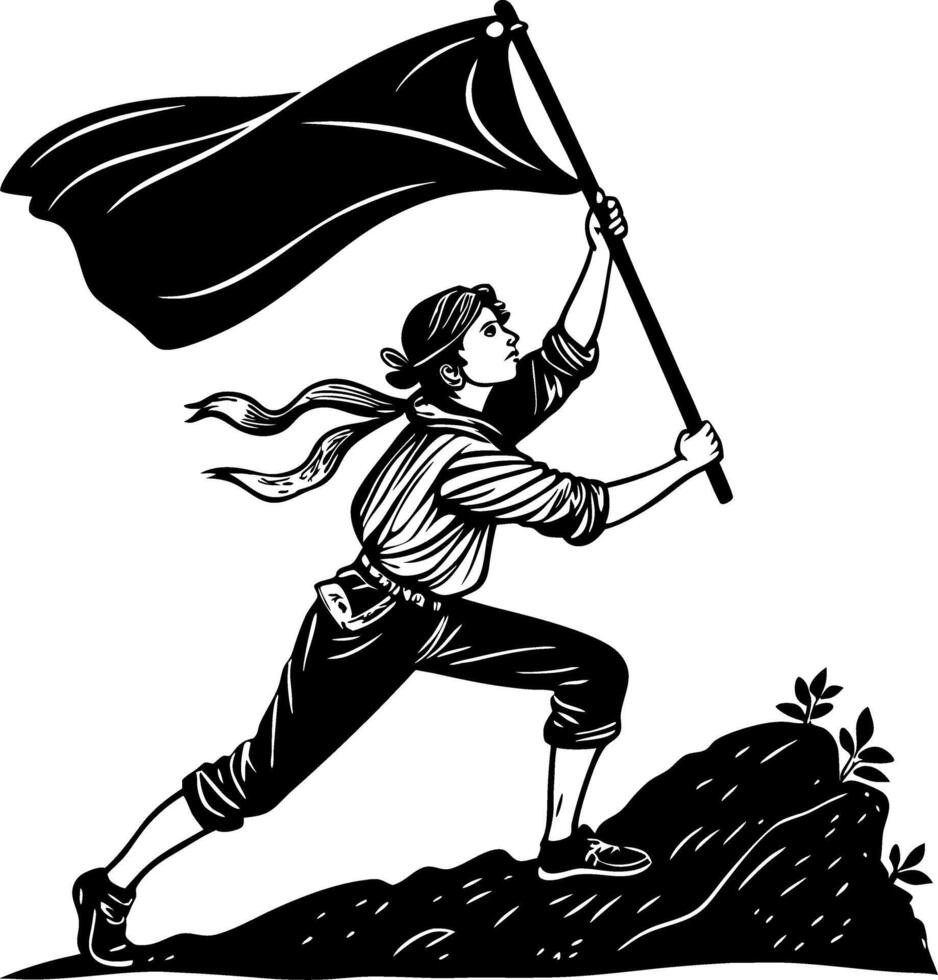 Empowered Woman Climbing Mountain with Flag Symbolizing Strength and Determination vector