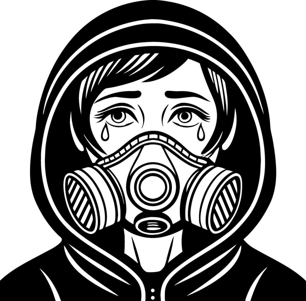 Emotional Portrait of a Young Person in a Gas Mask with Tearful Expression for Impactful Art Designs vector
