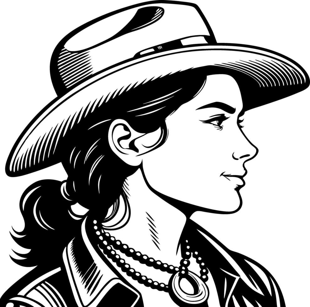 Elegant Cowgirl Profile Illustration with Hat and Accessories for Creative Projects vector