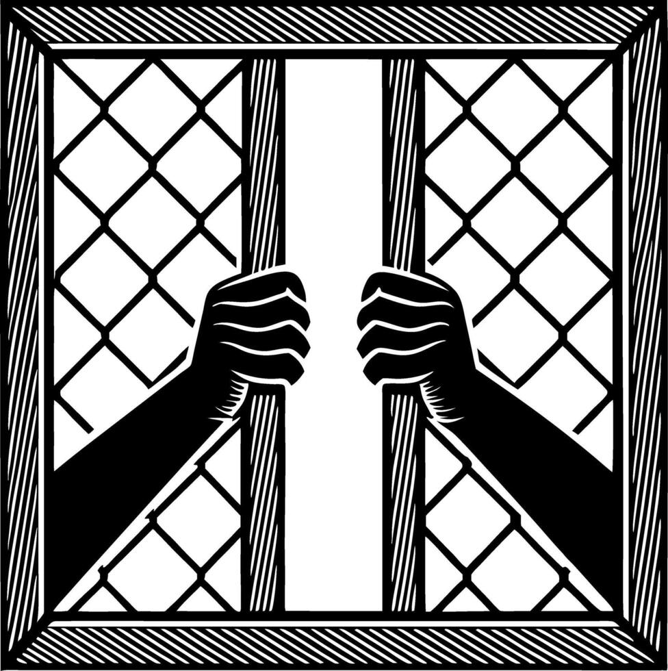 Hands Grasping Bars of a Prison Window Symbolizing Freedom and Struggle vector
