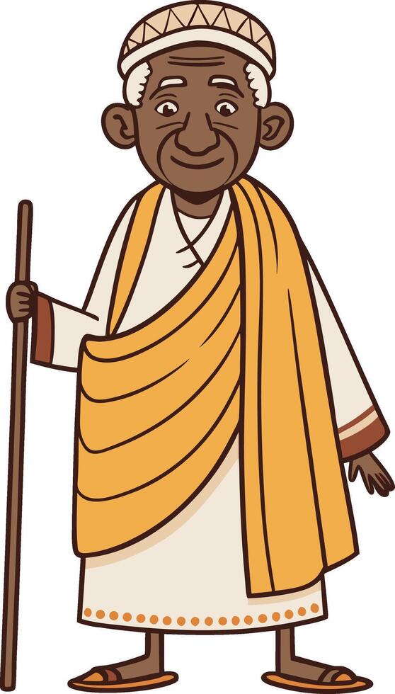 Elderly Man in Traditional Garb with Staff Smiling Character Graphic for Cultural Themes vector
