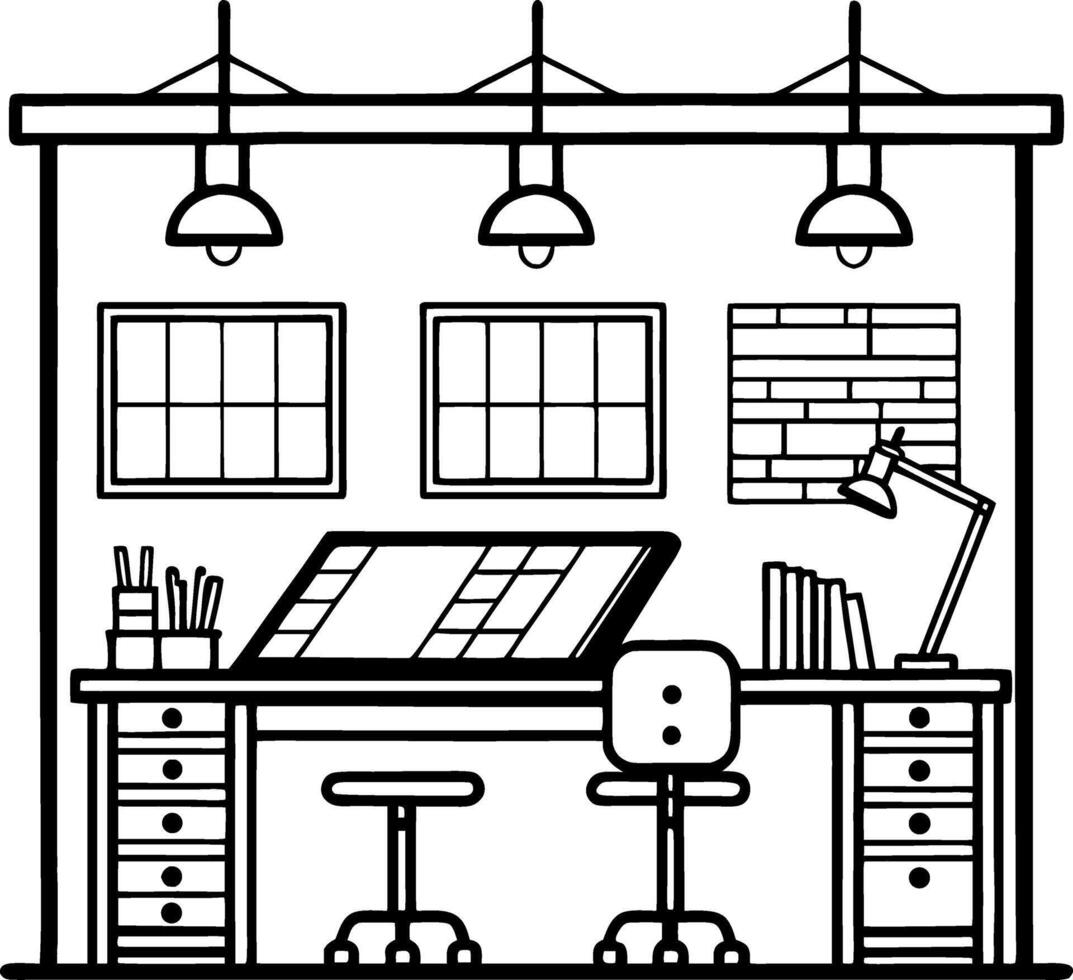 Creative Workspace Interior Featuring Drawing Table Stylish Lighting and Organized Storage vector