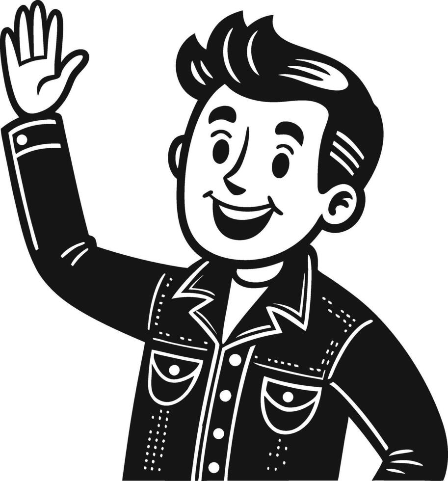Happy Young Man Waving in Denim Jacket Retro Style Illustration vector