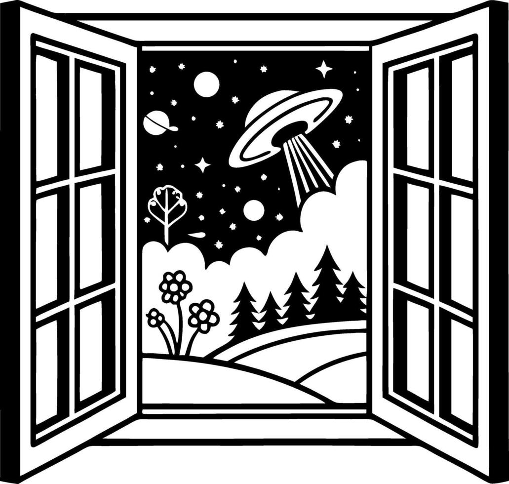 Window View of a UFO Under a Starry Sky with Plants and Trees for Creative Design Projects vector