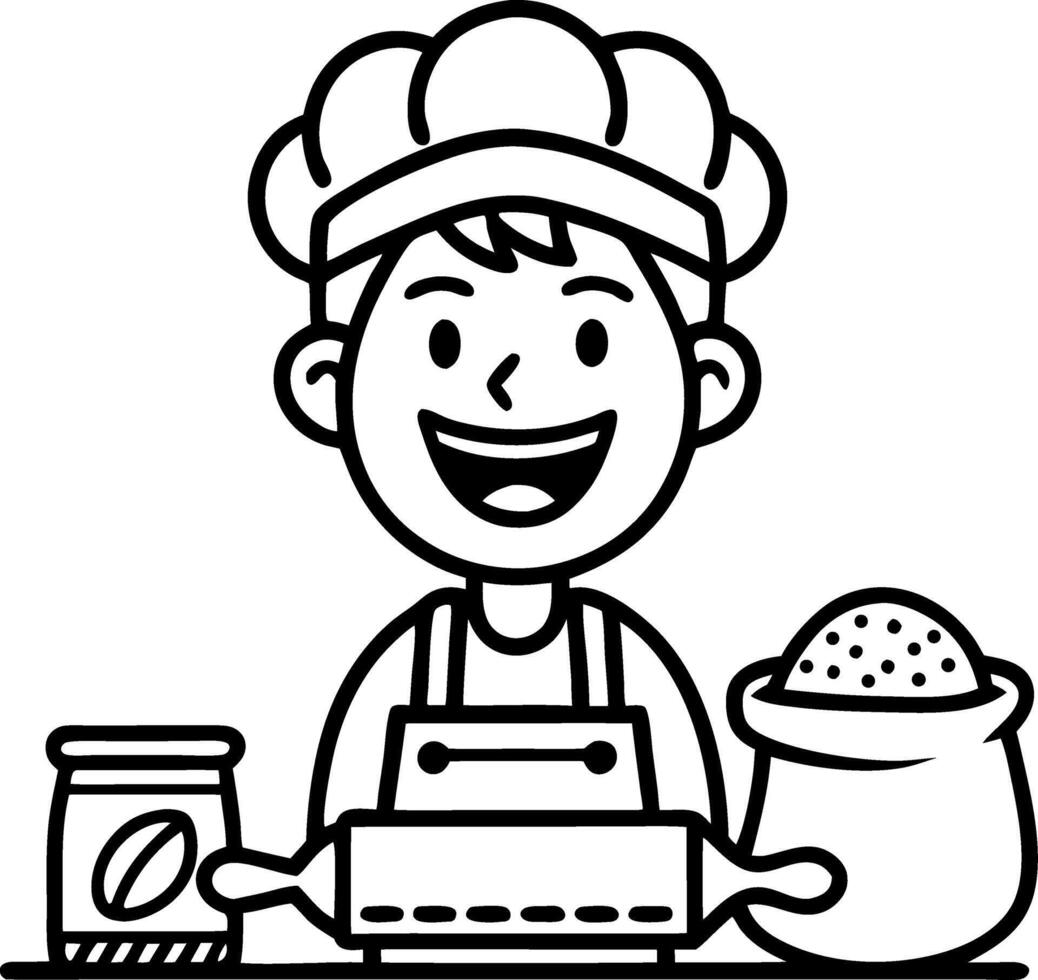 Happy Young Chef Rolling Dough Surrounded by Flour and Ingredients for Cooking vector
