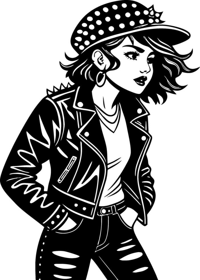 Stylish Female Character with Spiked Leather Jacket and Polka Dot Cap Perfect for Tattoos and Graphics vector