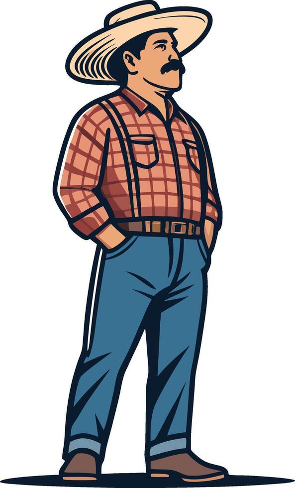 Traditional Farmer Character in Plaid Shirt and Wide-Brimmed Hat for Rustic Themed Designs vector